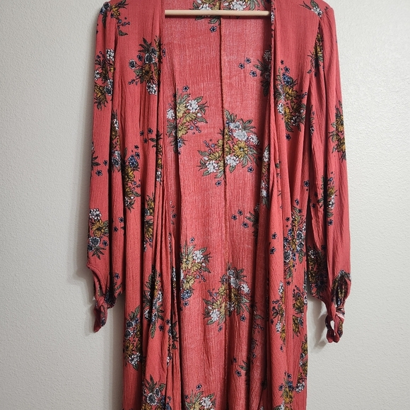 Floral Kimono Wrap Cover-up Midi Flowy 3/4 Sleeve Catch Me Medium Coral Pink - Picture 5 of 9